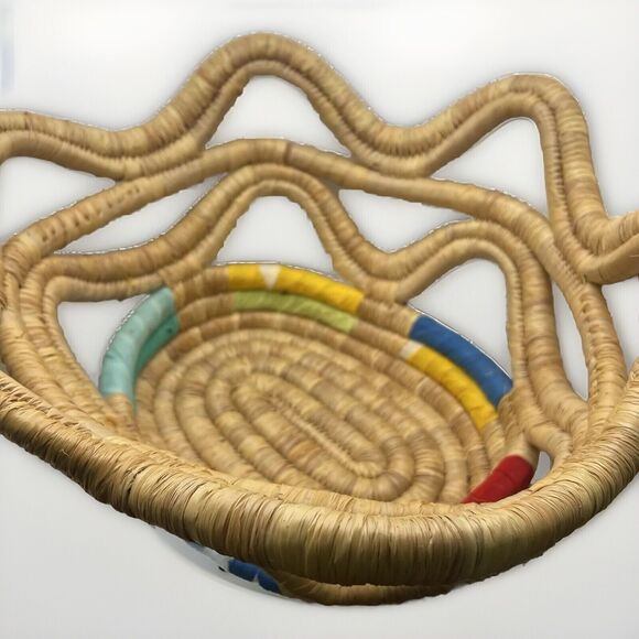 African Woven Basket Star Shaped Handles Colorful Rainbow Multicolor Boho Decor - Picture 4 of 10